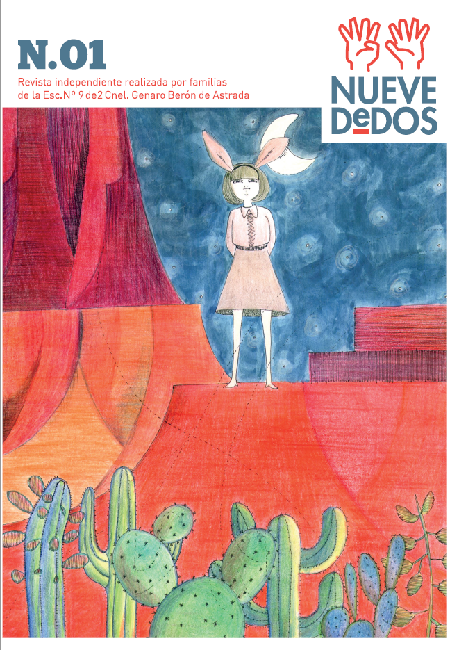 Tapa de la revista, dibujo de un niña con orejas de conejo mirando un valle de cactus bajo la luna. 